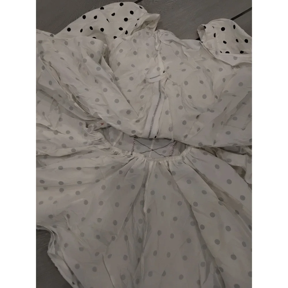 Kids White Black Polka Dot Costume Dress Red Sequin Trim Lace Up Bodice